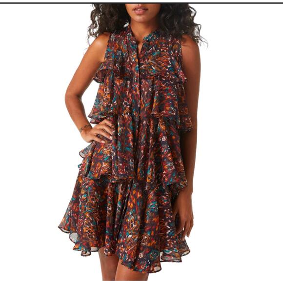MISA Emogene Tiered Chiffon Sleeveless Mini Shirtdress In Peacock Abstract M NEW - Picture 1 of 6